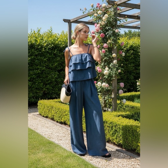posh Chronicles Pants - Royal Blue Ruffle Crop Cami Wide Leg Pants Set Beach Resort
